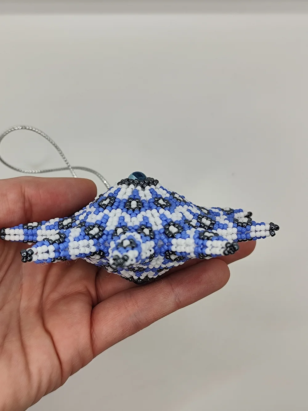 Beaded Starburst Ornament in Blue, White & Black - Holiday Hanging Decoration
